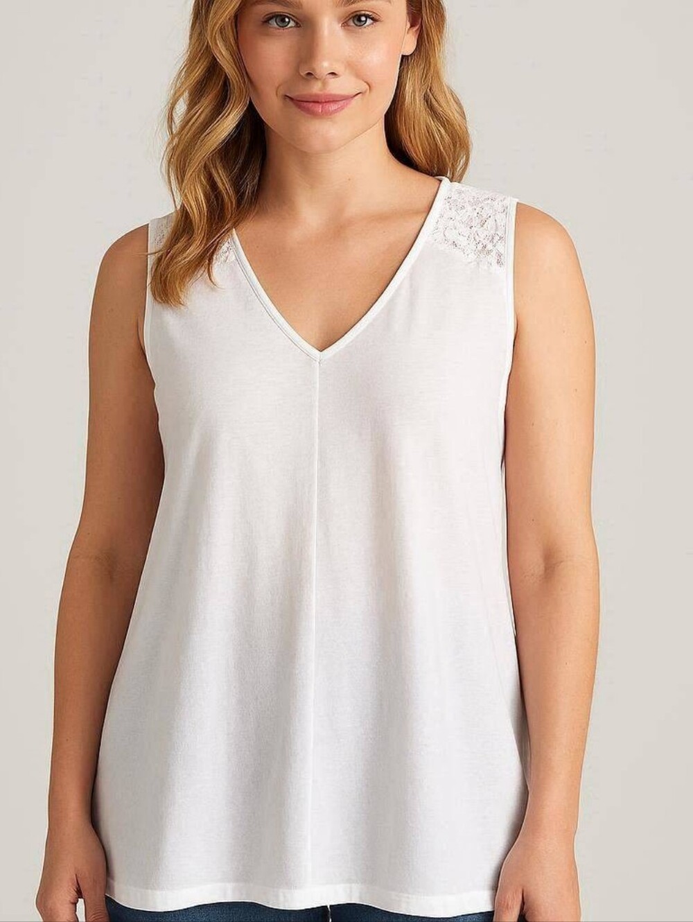White Lace Shoulders Cotton Sleeveless V-Neck Top with  Sz L